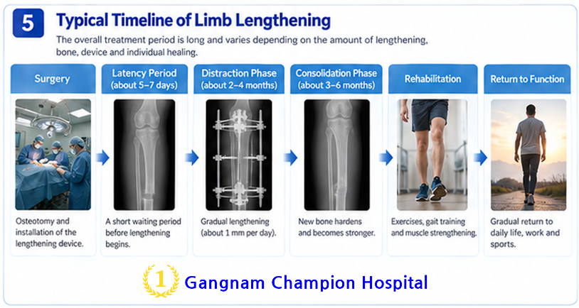 Limb lengthening surgery timeline from surgery and distraction to consolidation rehabilitation and return to function